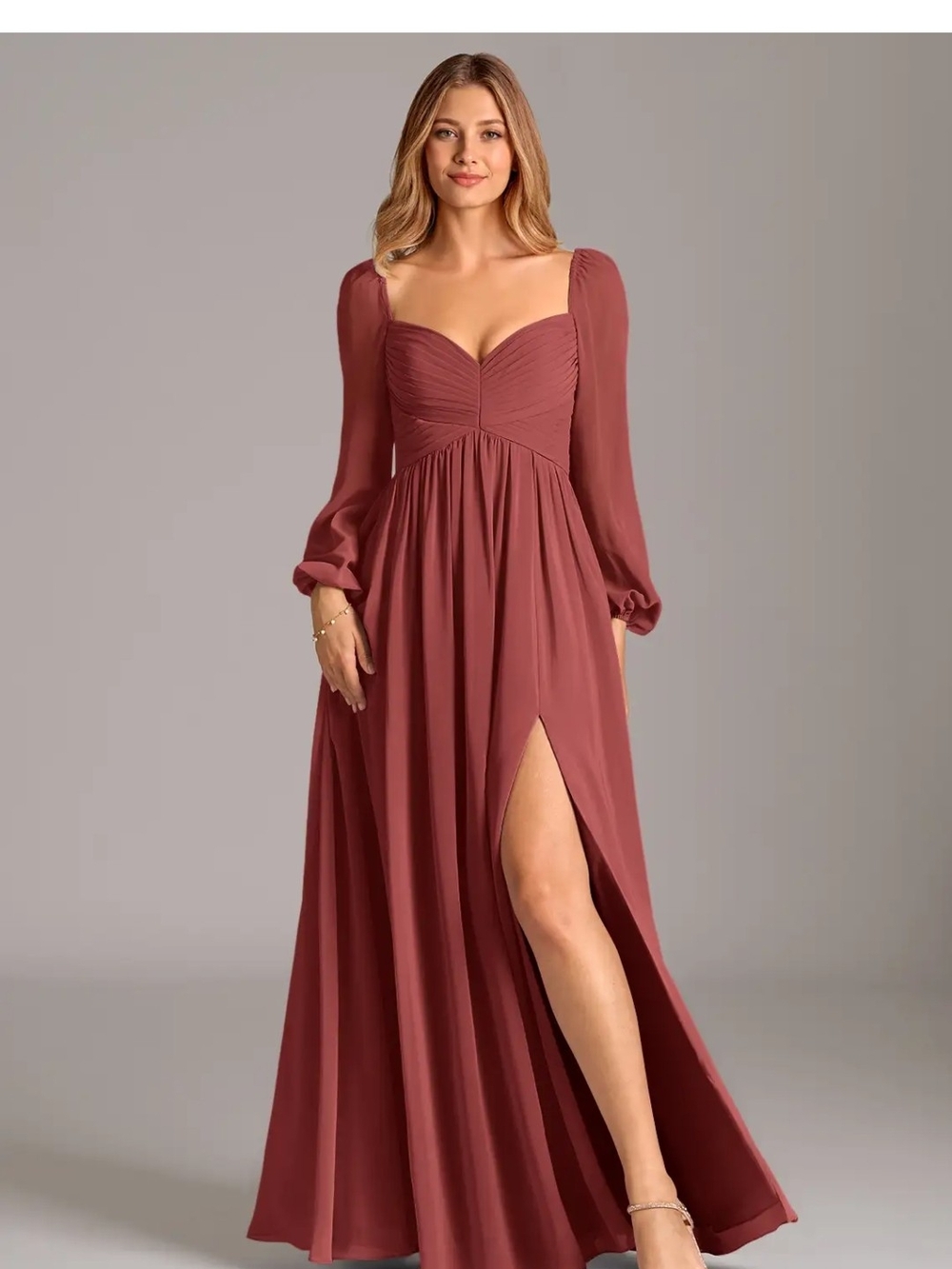 Azazie Dusty Rose Long-Sleeve Ruched Maxi Dress
